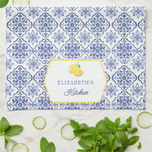 Italian Lemon Blue Tile Personalized Mediterranean Kitchen Towel