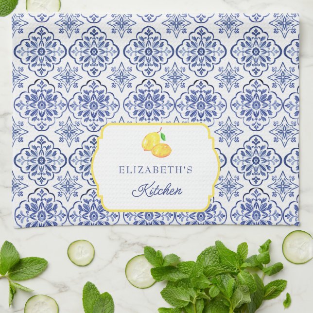 Italian Lemon Blue Tile Personalized Mediterranean Kitchen Towel (Folded)
