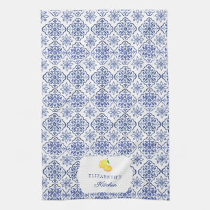 Italian Lemon Blue Tile Personalized Mediterranean Kitchen Towel