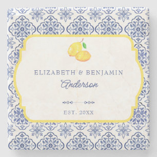 Italian Lemon Blue Tile Personalized Mediterranean Stone Coaster
