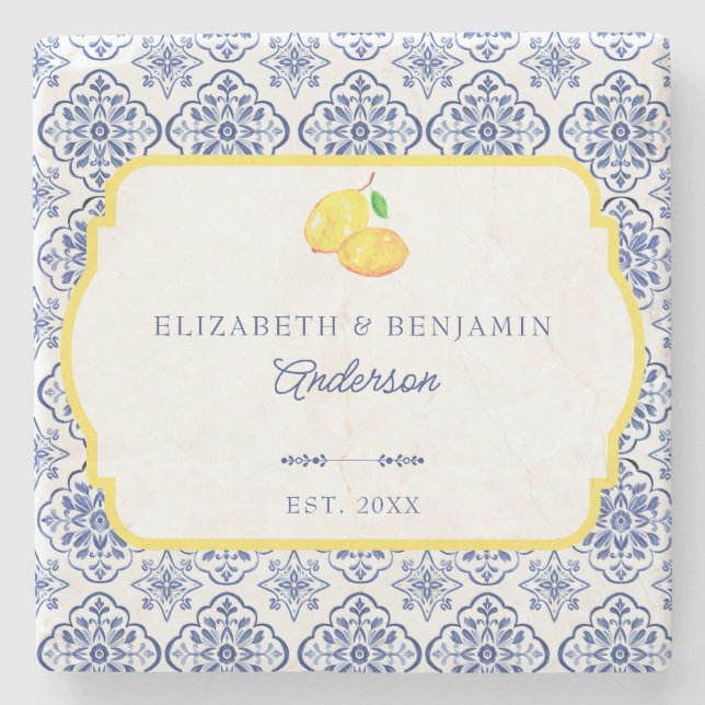 Italian Lemon Blue Tile Personalized Mediterranean Stone Coaster (Front)