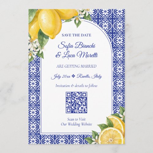 Italian Lemon Blue Tile Save the Date Wedding Invitation
