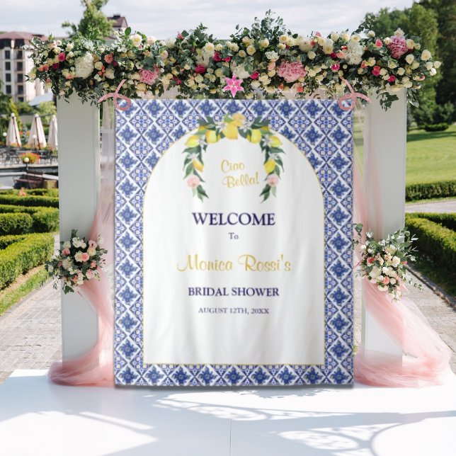 Italian Lemon Blue Tiles Bridal Shower Backdrop  (Creator Uploaded)