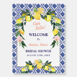 Italian Lemon Blue Tiles Bridal Shower Welcome Foam Board