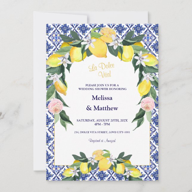Italian Lemon Blue Tiles Couple Wedding Shower Invitation (Front)