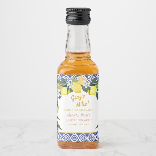 Italian Lemon Blue Tiles Grazie Mille Bridal Showe Liquor Bottle Label (Front)