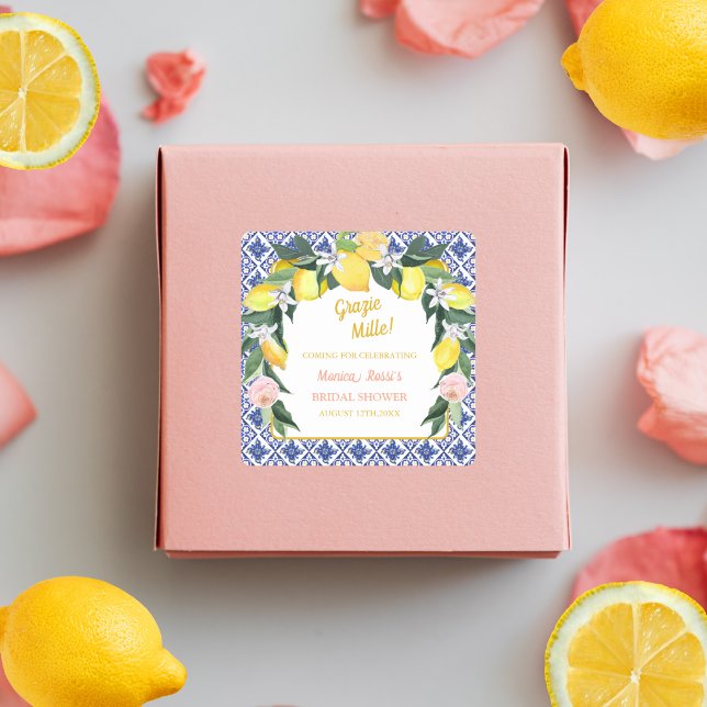 Italian Lemon Blue Tiles Grazie Mille Bridal Showe Square Sticker (Creator Uploaded)