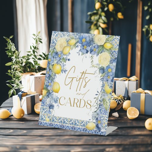 Italian Lemon Blue Tiles Italy Bridal Shower Pedestal Sign