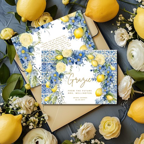 Italian Lemon Blue Tiles Italy Bridal Shower Thank You Card