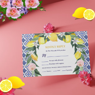 Italian Lemon Blue Tiles Mediterranean Wedding RSVP Card