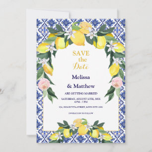 Italian Lemon Blue Tiles Mediterranean Wedding Save The Date