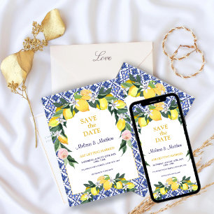 Italian Lemon Blue Tiles Mediterranean Wedding Save The Date