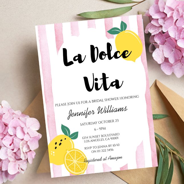 Italian Lemon Bridal Shower Pink Dolce Vita Doodle Invitation (Italian Lemon Bridal Shower Pink Dolce Vita Doodle Invitation)