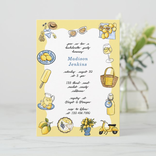 Italian Lemon Coastal Summer Bachelorette Party Invitation (Standing Front)
