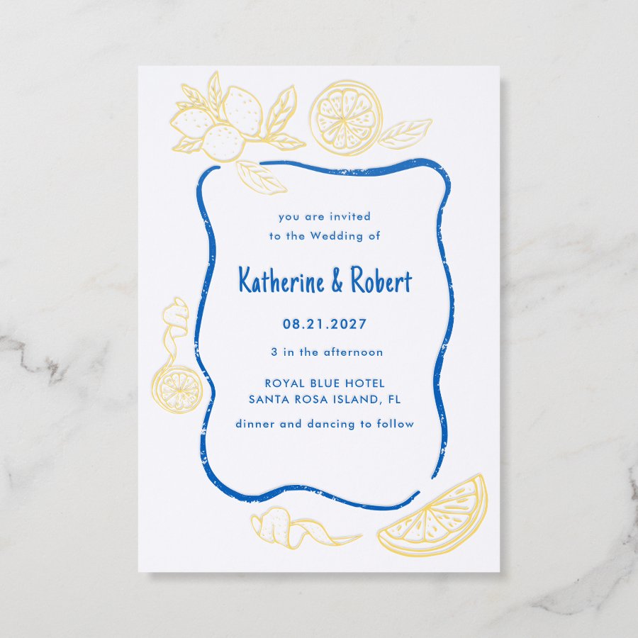 Italian Lemon Destination Wedding Letterpress Invitation
