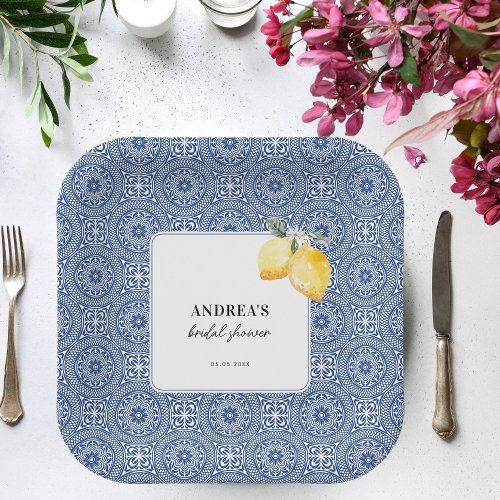 Italian Lemon Floral  Blue Tile Bridal Shower Paper Plates