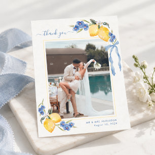 Italian Lemon Floral & Bow Blue and Yellow Wedding Thank You Card