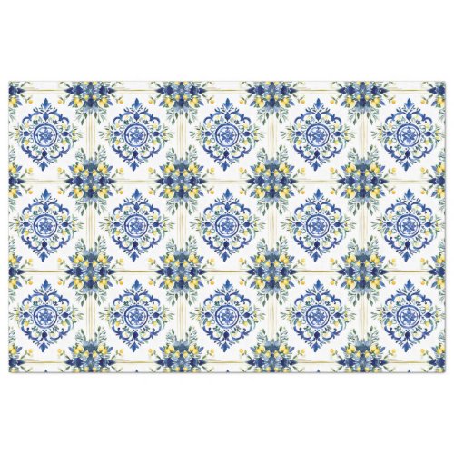 Italian Lemon Floral Tile Blue and White Decoupage Tissue Paper