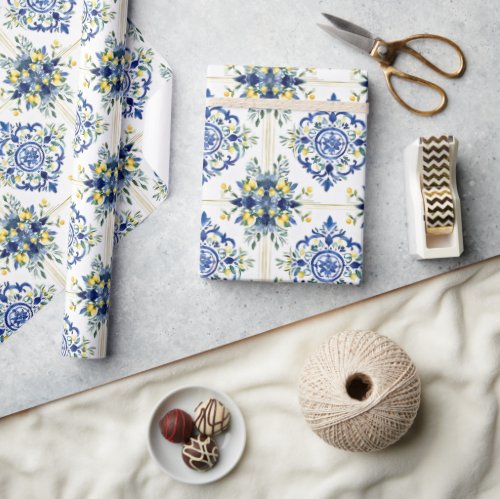 Italian Lemon Floral Tile Blue and White Decoupage Wrapping Paper