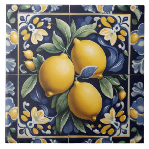 Italian Lemon Folk Art Dark Navy Blue Folksy Ceramic Tile