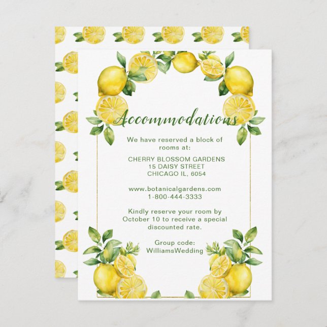 Italian Lemon Frame Wedding Accommodations Enclosure Card (Front/Back)