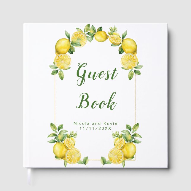 Italian Lemon Greenery Frame Wedding Guest Book (Front)