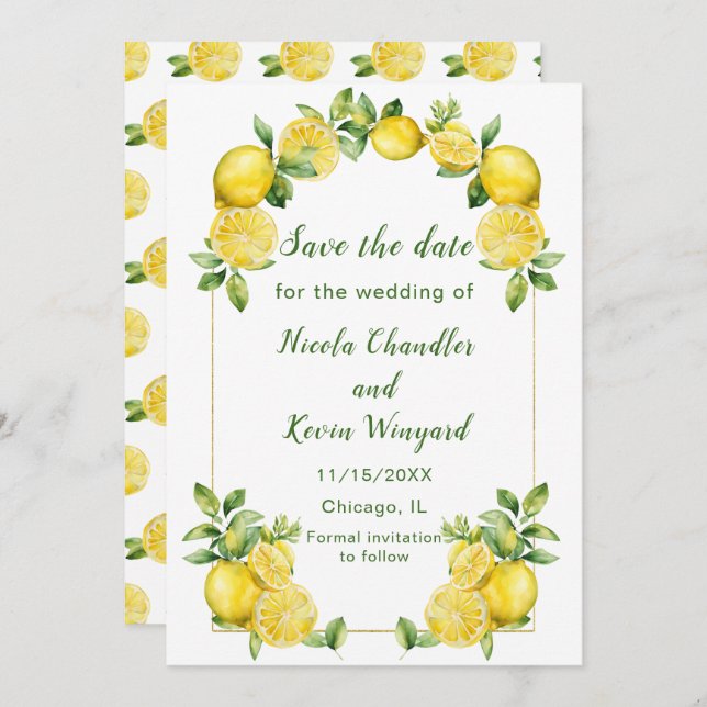 Italian Lemon Greenery Frame Wedding Save The Date (Front/Back)