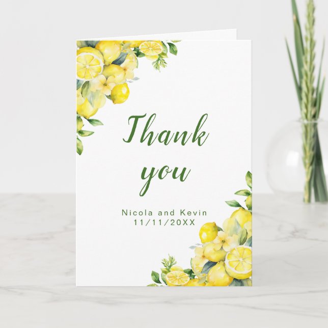 Italian Lemon Greenery Frame Wedding Thank You Card (Front)