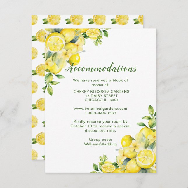 Italian Lemon Greenery Wedding Accommodations Enclosure Card (Front/Back)