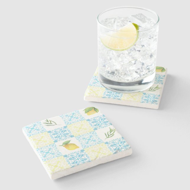 Italian Lemon Mediterranean Pattern Stone Coaster (Side)