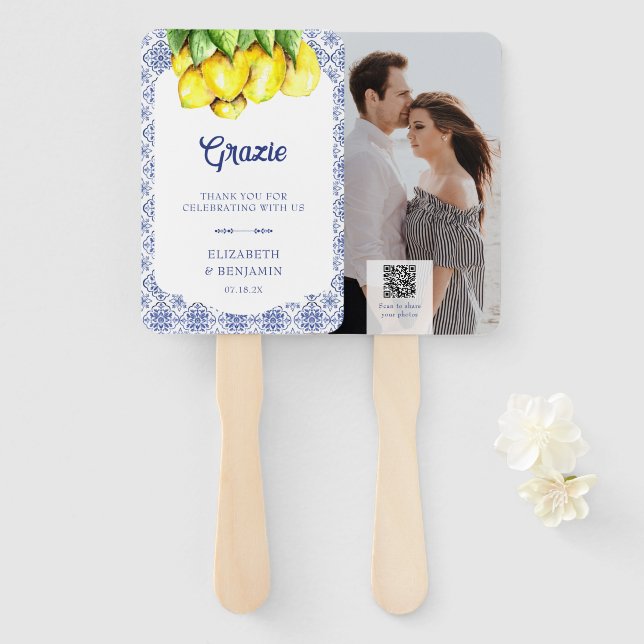 Italian Lemon Mediterranean Wedding Photo QR Code Hand Fan (Front and Back)