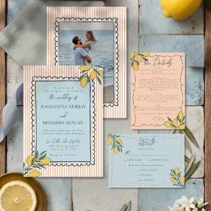Italian Lemon Peach Stripe Blue Coastal Wedding Invitation