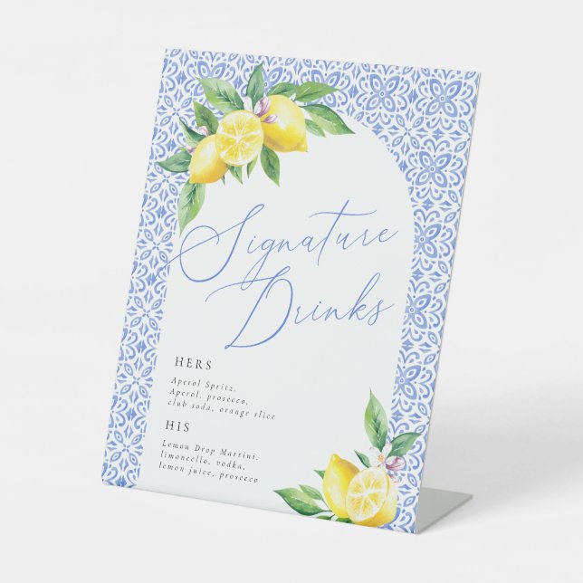Italian Lemon Positano Wedding Signature Drinks Pedestal Sign (Front)