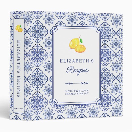 Italian Lemon Recipe Custom Cookbook Blue Tile 3 Ring Binder