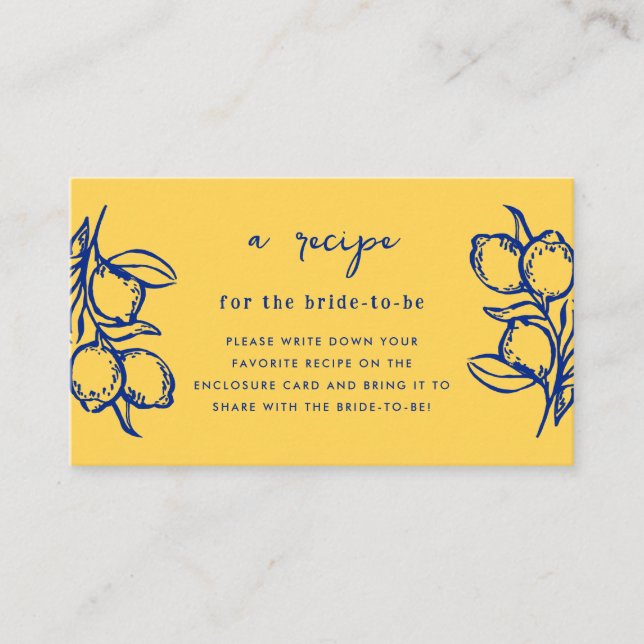 Italian Lemon Recipe Request Bridal Shower Enclosure Card (Front)
