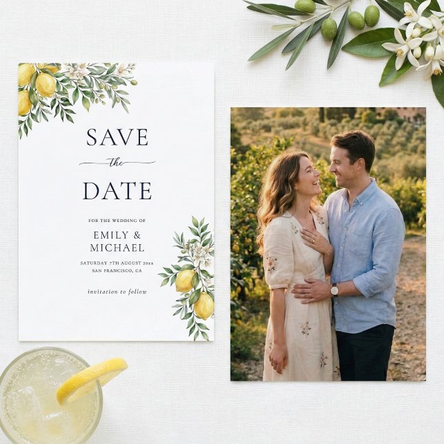Italian Lemon Save The Date With Photo Flat Card (Creator Uploaded)