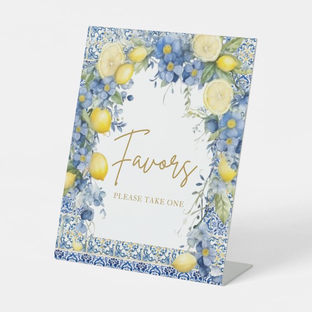 Italian Lemon Tiles Bridal Shower Favors Pedestal Sign (Front)