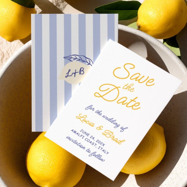 Italian Lemon Yellow & Blue Striped  Save The Date (Italian Lemon Yellow & Blue Striped Save The Date)