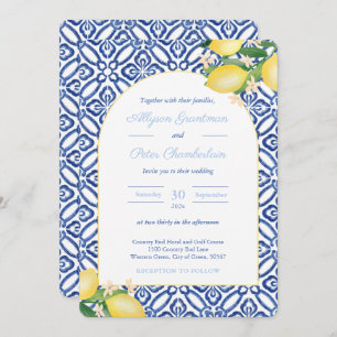 Italian Lemons Arch Shape Blue White Tiles Wedding Invitation