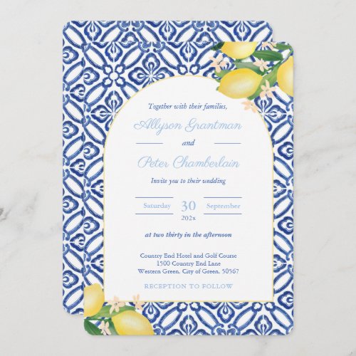 Italian Lemons Arch Shape Blue White Tiles Wedding Invitation