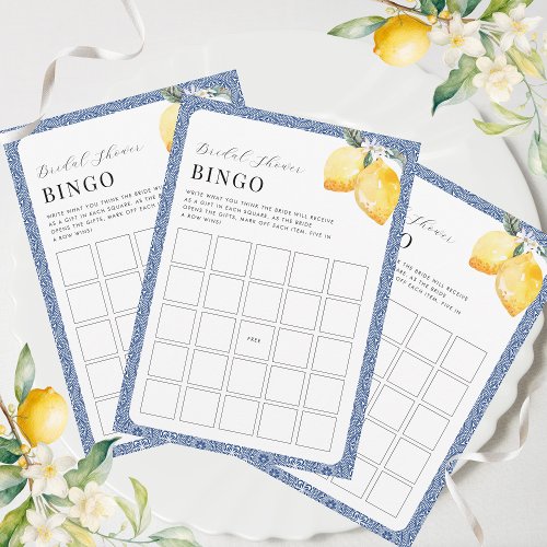 Italian Lemons Blue Tile Bridal Shower Bingo Game Invitation