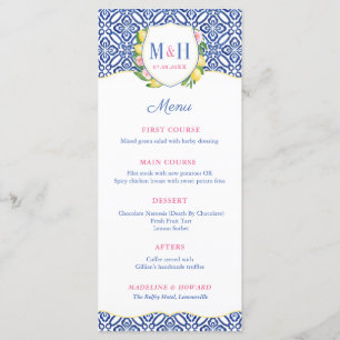 Italian Lemons Blue Tile Monogram Wedding Menu