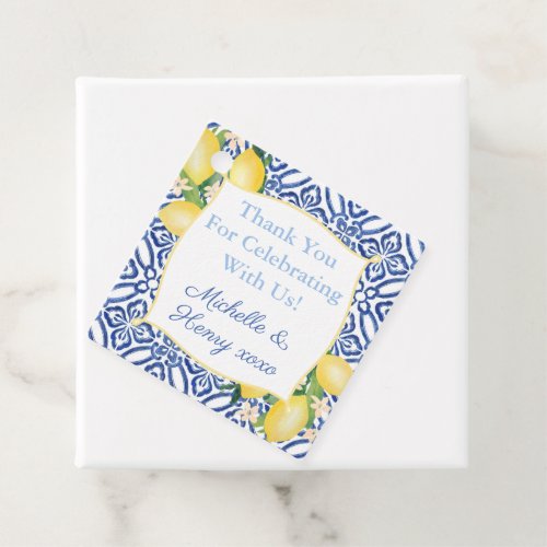 Italian Lemons Blue Tile Wedding Monogram Favor Tags