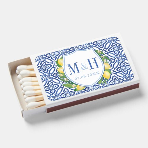 Italian Lemons Blue Tiles Wedding Monogram Matchboxes - This classic design features a simple and elegant couples crest monogram surrounded by watercolor lemons, leaves and blossoms, with blue and white vintage tile print background. 