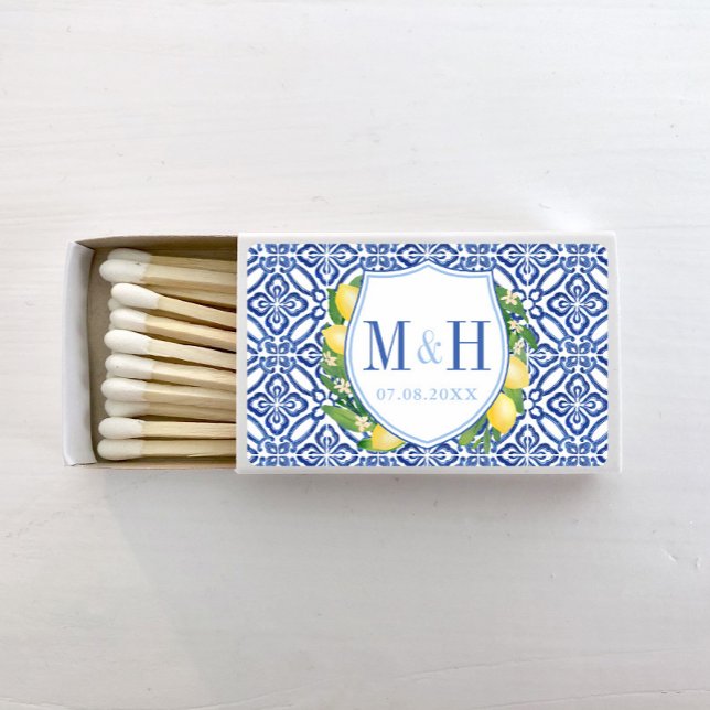 Italian Lemons Blue Tiles Wedding Monogram Matchboxes (Stylish lemons crest against blue and white tile background wedding matches)