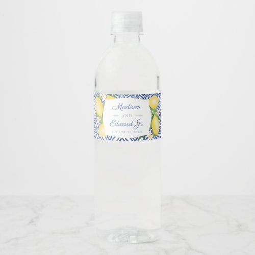 Italian Lemons Blue White Tile Bridal Shower Party Water Bottle Label - Stylish water bottle label design with vintage blue and white tile pattern and watercolor lemons, shown here with the couple's names. To add or delete text fields, "click to customize further" underneath the text customization boxes.