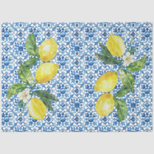 Italian Lemons Blue White Tile Decoupage Tissue Paper
