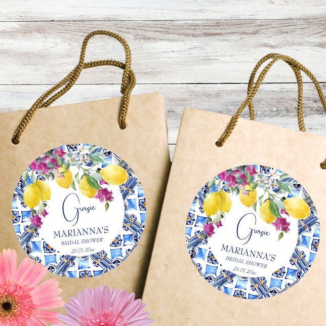 Italian lemons bougainvillea bridal shower favor classic round sticker (That's Amore Vintage Italian tile lemons bougainvillea bridal shower thank you favor printed sticker)
