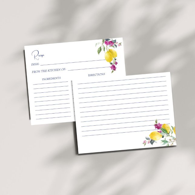 Italian lemons bougainvillea citrus recipe card (Vintage Italian lemons bougainvillea citrus bridal shower recipe card)