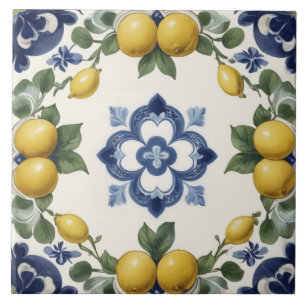 Italian Lemons & Citrus Fruit with Blue Clover Ceramic Tile